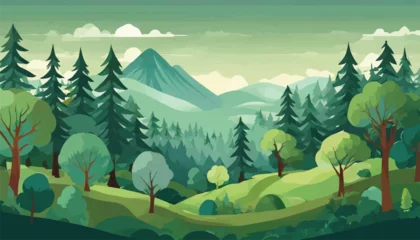 Rolgordijnen Illustration of a Lush Vector Forest Scene with Diverse Trees, Perfect for Nature Lovers and Environmental Themes. Enhance Your Projects with This Vibrant and Detailed Image.  © Hogr