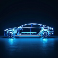 The concept image of an electric vehicle with a transparent body showcasing its innovative blue lit battery and motor technology against a minimalist background with copyspace