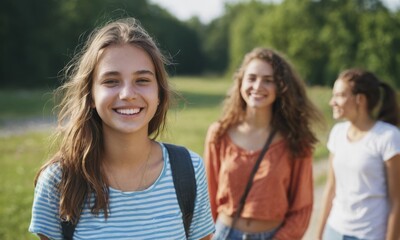 Happy teenage girl with wide smile laughing and having fun with friend outdoor