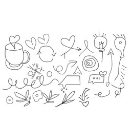 Hand-drawn set elements for concept design. vector illustration. black on a white background. Arrow, hearts, slove, star, leaf, sun,  flower, crown,  emphasis,swirl, heart, for concept design.eps