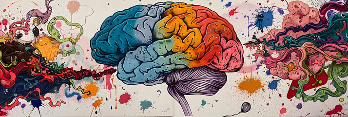 An illustration of the human brain depicting the concept of the two parts of the human brain, symbolizing the left brain and right brain functions. - obrazy, fototapety, plakaty