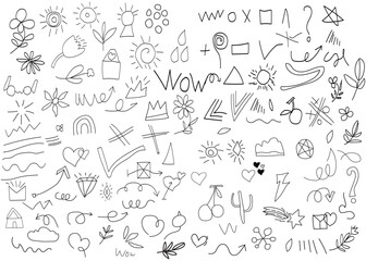 Fototapeta na wymiar Hand-drawn set elements icon set for concept design. vector illustration. black on a white background. Arrow, hearts, love, star, leaf, sun, flower, crown, emphasis, swirl, heart, for concept .
