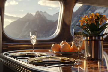 Golden Hour Elegance Inside Luxury Airplane with Mountain View, Fine Dining Setup, and Radiant...