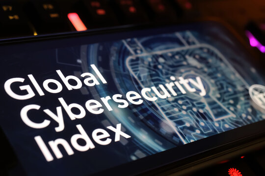 Viersen, Germany - January 9. 2024: Smartphone screen with ITU Global Cybersecurity index on computer keyboard