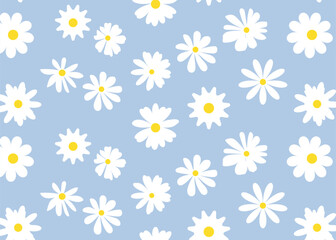 Vector daisy chamomile seamless pattern.Cute flower plant collection.decoration card. Camomile flowers Growing concept.Flat design.blue background.Vector illustration.
