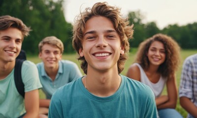 Fototapeta premium Happy teenage boy with wide smile hanging out with friends