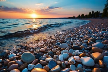 A beach covered in numerous rocks located next to the ocean shore