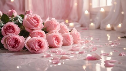 A delicate arrangement of pink roses with scattered petals on a soft marble surface, lit by ambient lights