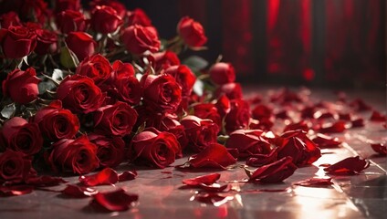 An atmospheric image showing numerous red roses scattered across a reflective surface with dramatic lighting