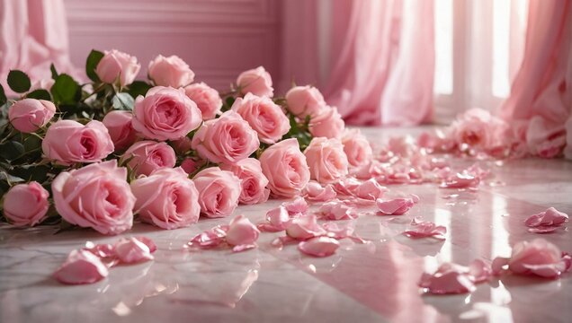 Soft light enhances the delicate pink hues of a bouquet of roses against a gentle drape background, 8. March, Women's day