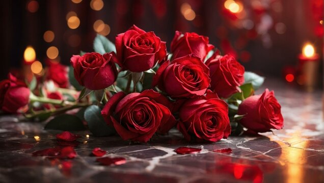 An elegant display of red roses laying on a reflective surface, illuminated by gentle lights