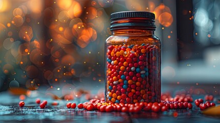 colorful pills all over a bottle of jar, in the style of darktable processing, colourful. Generative AI - obrazy, fototapety, plakaty