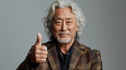 A white-haired Japanese man gives a thumbs up to the camera in a composition taken from above.