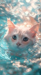 a white cat floating in a body of water with blue water