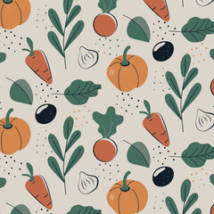Vegetables seamless pattern. Organic natural background. Vegan and healthy garden products. Vector illustration. 