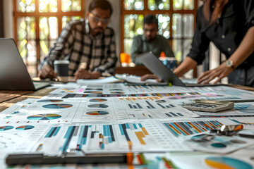 A group sitting at a table, sharing papers, laptop. Indoor games, leisure, fun