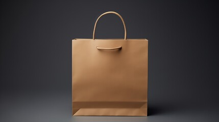 Capture an image of a brown paper bag with handles, placed on a neutral grey background 