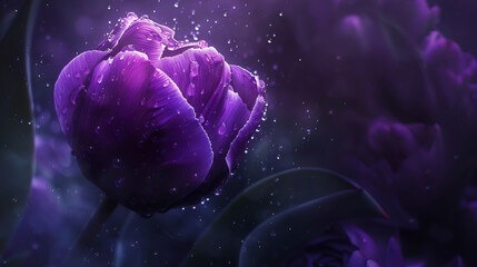 Closeup of purple flower with water drops, vibrant violet petal shades - Powered by Adobe