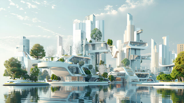 Futuristic city with skyscrapers surrounded by water, under a sky of clouds