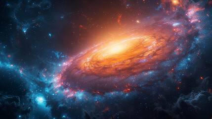 A hypnotic view of a spinning galaxy with dynamic star trails in vibrant hues of pink orange and blue.