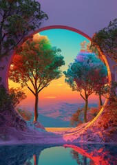 Trees forming a circle on a colored background.