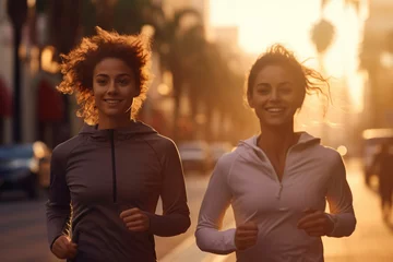 Fotobehang Two women jogging on a city street at sunset. © spyrakot