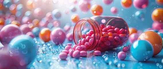 colorful pills all over a bottle of jar, in the style of darktable processing, colourful. Generative AI