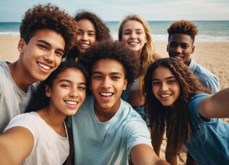 Group of happy multiethnic teenagers taking a selfie at sandy beach of sea - obrazy, fototapety, plakaty