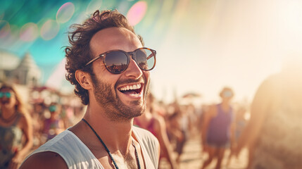 Man at summer beach festival happy smiling. Young man in sunglasses and people in sunlight