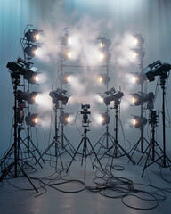 Professional studio setup with an array of lights and smoke creating an atmospheric environment for a photoshoot