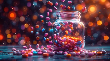 colorful pills all over a bottle of jar, in the style of darktable processing, colourful. Generative AI - obrazy, fototapety, plakaty