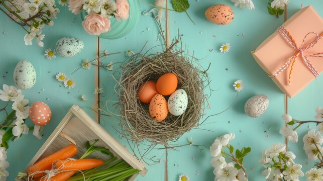 Easter background top view with flowers, carrots, colorful easter eggs and a nest