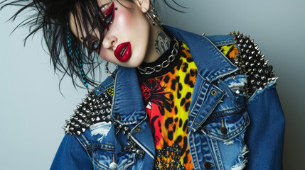 Take your punk style to the next level with a daring mix of prints and textures. A ripped denim jacket paired with a colorful leopard print top and studded combat boots is