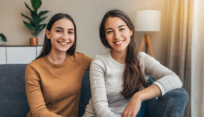 Two female friends sitting at home on their sofa; two happy friends smiling and looking at the...