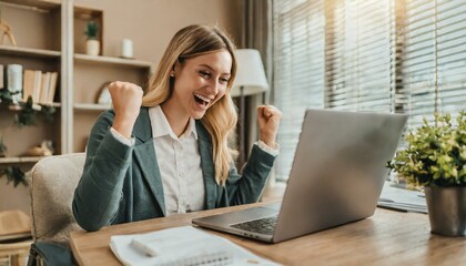 woman working on laptop and celebrating her success; happy businesswoman working from home