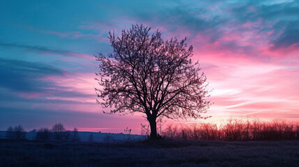 Fototapeta na wymiar Silhouette of lonely tree in dramatic sunset