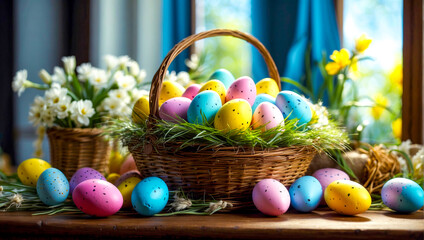 Fototapeta na wymiar Basket filled with lots of colorful eggs on top of wooden table
