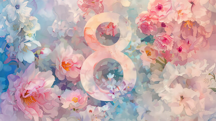 Pastel watercolor painting, Number 8 surrounded by spring flowers, Impressionistic style, Gentle and celebratory mood, Ideal for International Women's Day themed editorial content