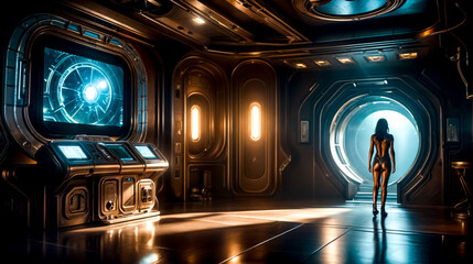 Sci - fi room with large window and large clock on the wall