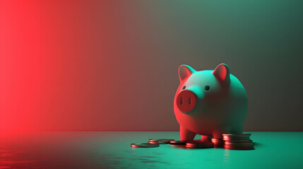 piggy bank and coins with green and red abstract background, saving or investing for financial freedom, money management and diversification