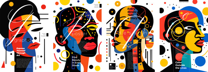 Abstract artistic poster set. Person face in simple graphic color spots with creative inscription placard. Design art modern painting exhibition and fashion print concept. Trendy artwork vector banner