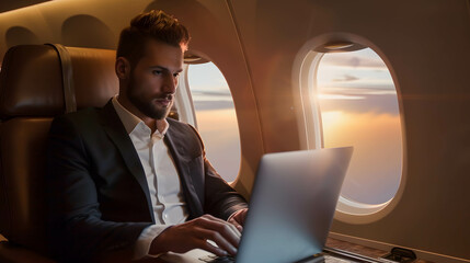 businessman working on laptop in plane, time management and working efficiently, traveling and working together