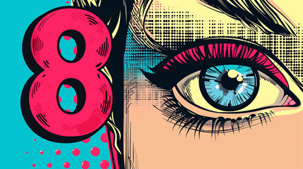 Contemporary pop art, Bold and colorful representation of number 8, Comic book style, Dynamic and eye-catching, Playful and empowering, Perfect for engaging Women's Day social media posts