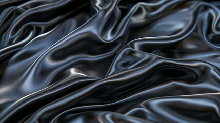 Flowing black silk fabric caught in a gentle breeze, smooth and glossy surface, capturing movement and delicacy