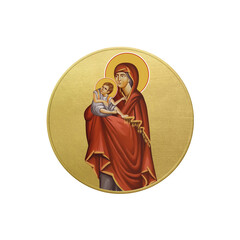 Orthodox traditional image of Madonna. Golden christian medallion in Byzantine style on white background