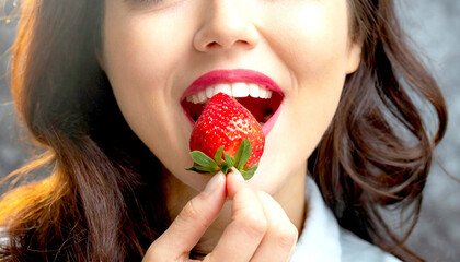 Frau beisst genüsslich in eine Erdbeere 