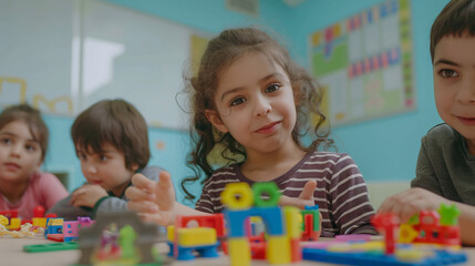 Group of children in a classroom setting, interactive learning with a teacher, hands-on activities on the table, promoting social and cognitive development