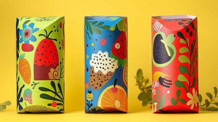 Creative food packaging with vibrant illustrations, showcasing the contents in an appetizing and engaging way, bright and colorful 