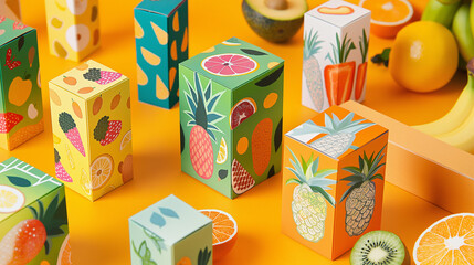 Creative food packaging with vibrant illustrations, showcasing the contents in an appetizing and engaging way, bright and colorful 