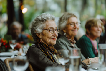 Senior citizens enjoying a social gathering at a retirement party, smiling faces, community center, National Grandparents Day, International Day of Older Persons